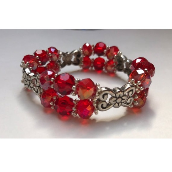 Red Double Beaded Bracelet, Summer, Handmade, - Picture 3 of 5
